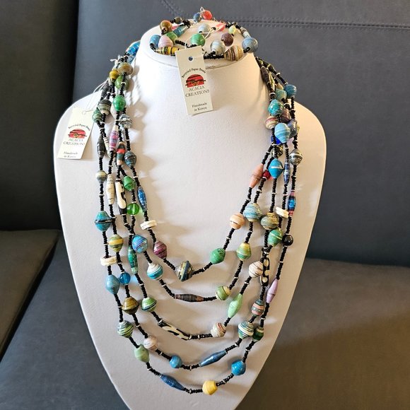 New Recycled Paper Beads Acacia Creation Artisan Necklace Bracelet Studio Kenya - Picture 1 of 16